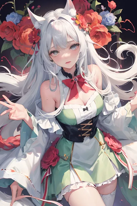 with long coiled hair, flowers in head, Cat ears, Bright pupils, Blush, (Monet:1), anaglyph, Fuji colors, outside border, Top-down view, hyper HD, Masterpiece, ccurate, Textured skin, 4K, Best quality, A high resolution, High quality, hyper HD, Masterpiece...