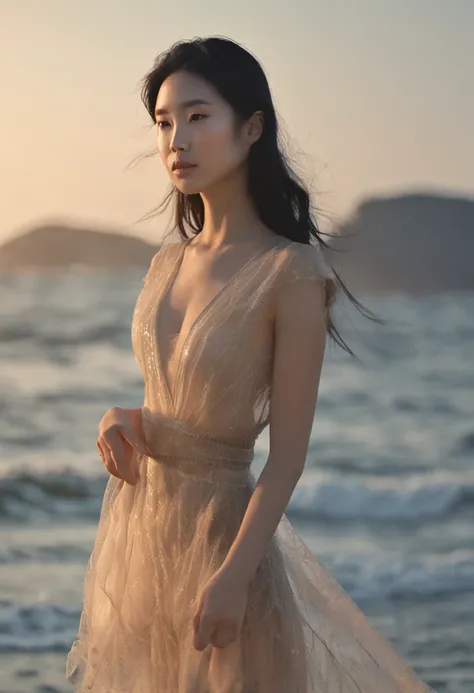 A beautiful Chinese girl standing by the sea in a see-through outfit,light breeze.8K Ultra Clear