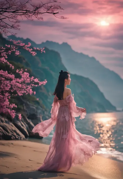 A beautiful Chinese girl standing by the sea in a see-through outfit,light breeze.8K Ultra Clear