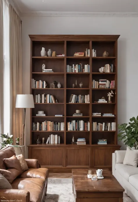 A spacious living room，Warm white walls，The entire left side of the living room is a bookcase，The bookcase is a walnut-colored cabinet，A small number of cabinets are open compartments，Half of the cabinets have white doors，The whole cabinet is white with wa...