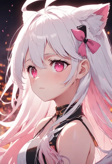 ear blush, fang, white hair, hairclip, hair ribbon, shy, pink eyes, pov, anime style, 8k, super detail, ccurate