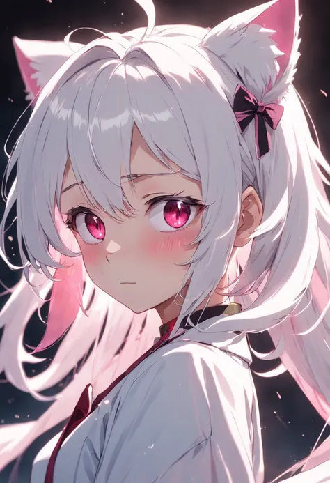 ear blush, fang, white hair, hairclip, hair ribbon, shy, pink eyes, pov, anime style, 8k, super detail, ccurate