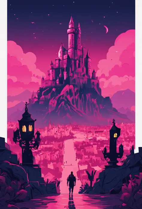 A town surrounded by mountains Warm pink lights Towering castles in the distance Flags flying