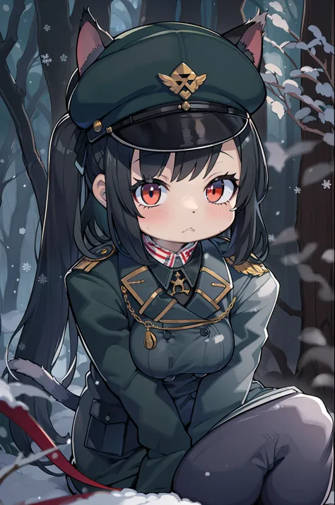 snowy forest, Black hair, Cat ears, Cat Girl, Red Eyes, Kneeling, Nazi officer uniform, Nazi, Germany, Black Officer Uniform,huge-breasted、Dillinger