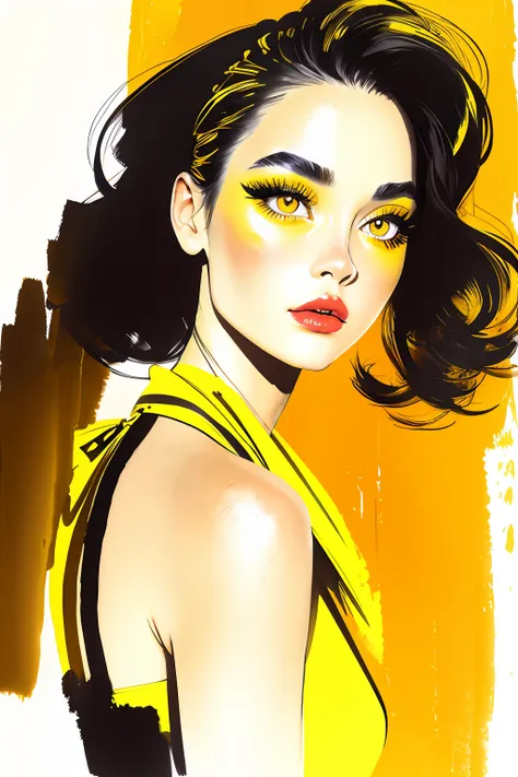 bissett, Illustration, ink watercolor, Yellow background, , 
1girl in, Solo, Simple background, Yellow sign on background, Beautiful yellow lips, Eyelashes, makeup, Traditional Media, lip stick, eyeshadows, Eye focus,（skin head）、