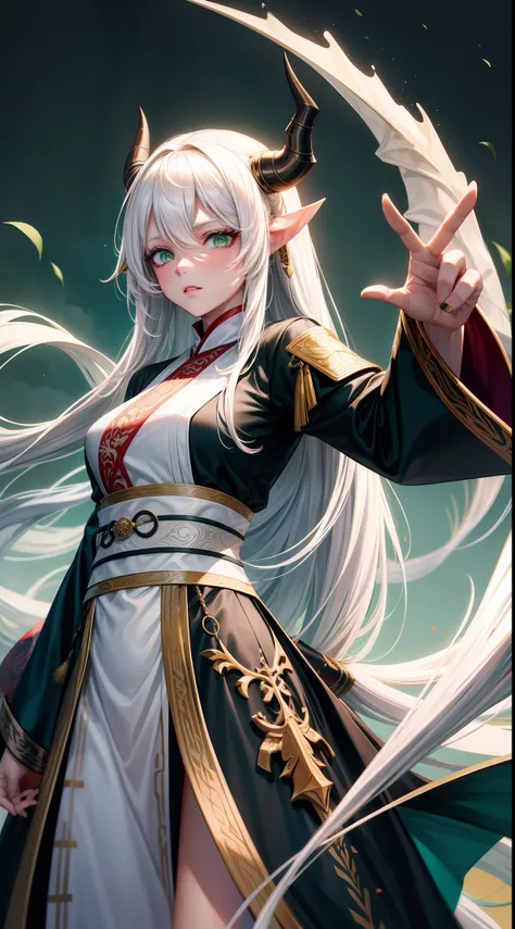 adult girl, Long white hair, Working with a horn, Green eyes, dragon tattoo, A cyborg, Hanfu, Masterpiece, hiquality