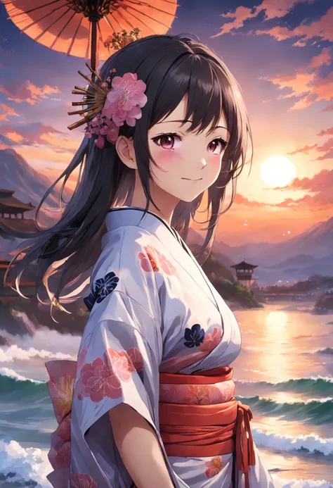 a beautiful japanese woman, kimono, large breast, best quality, masterpiece, ultra high res, photorealistic, looking at the horizon, smile