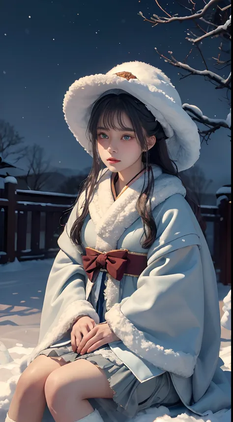 ((Works of masters))，(超A high resolution)，1 girl,Glowing eyes，Tears of sadness， Sitting, (Lolita costume)，cloaks (Oyuki, Cover with snow，Outdoor activities in winter:1.2),snow field，Blue eyes，The best quality illustrations，A meticulous face