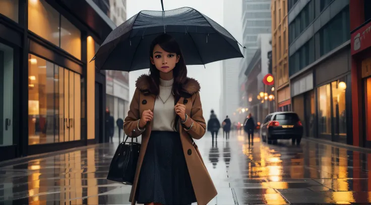 Beautiful young girl in stylish outfit with coat on the background of autumn rainy city