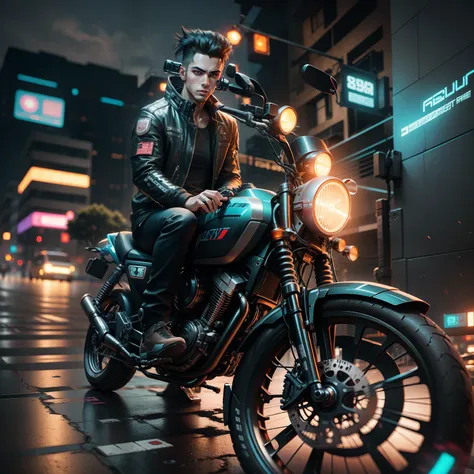 Change Background, cyberpunk, handsome boy, bike, realistic face, 8k, ultra realistic,  3D