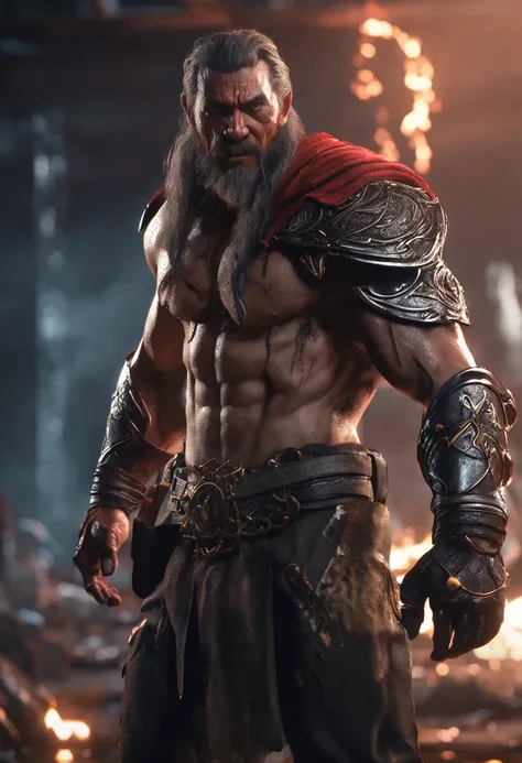 (professional 3d render:1.3) af (Realistic:1.3) most beautiful artwork photo in the world，Features soft and shiny male heroes, ((Epic hero fantasy muscle man rough wet hero angry looking long hair short beard and ferocious expression in dynamic pose, Fanta...