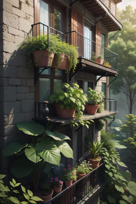 plants grown at the balconies, green tone, outside-in view, 8k photo, hyper realistic photo