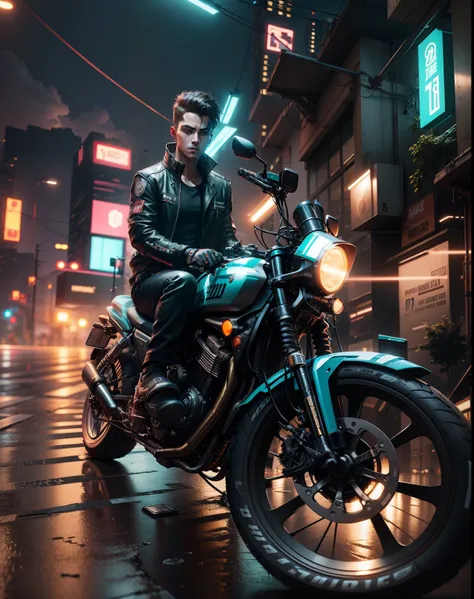 Change Background, cyberpunk, handsome boy, stand by bike, realistic face, 8k, ultra realistic,  3D