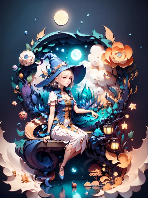 (((masterpiece))),best quality, illustration, 1girl, A witch wearing witch outfit, witch hat, sky, cloud, night, moon, star (sky), night sky, scenery, starry sky, fantasy. vibrant color scheme, Soft light,(warm color:1.2),Water color painting, light backgr...