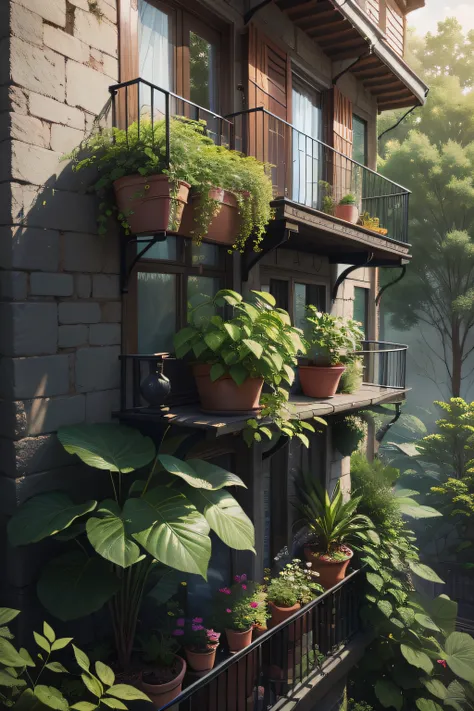 plants grown at the balconies, green tone, outside-in view, 8k photo, hyper realistic photo