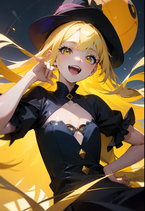 masterpiece, best quality, ultra detailed beautiful face and eyes,yellow hair,yellow eyes,cute, little girl,flat chest,long hair,two side up,witch,happy,open mouth,amusement park,night sky