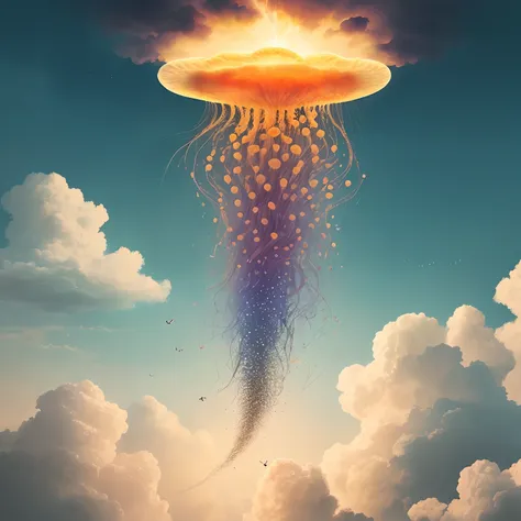 swarm of tiny jellyfish flying through clouds, photorealistic, in the style of Olga Shkipor, beautiful, intricate, complex