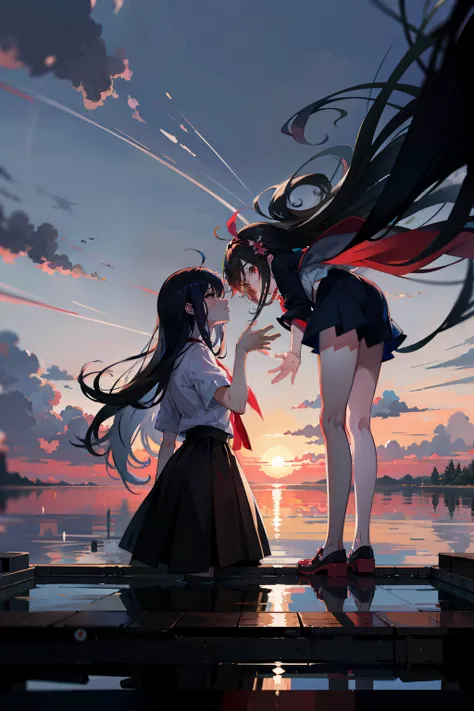 anime big breast, A girl and a boy stand on the dock at sunset, watching the sunset. anime big breast, beautiful anime scenes, Beautiful anime, two beautiful anime girls, Anime Pictures, Beautiful depiction, style of aenami alena, author：Hosomura Kane, Bea...