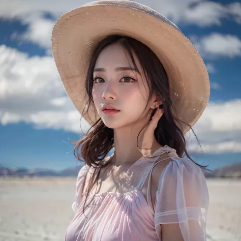 (Salar de Uyuni:1.3), (Clear blue sky and clouds reflecting on the surface of the lake), (cowboy shot), (Walking), (Medium hair, black hair), best quality, masterpiece, ultra high res, (photorealistic:1.4), RAW photo, (1woman:1.3, solo), (beautiful counten...