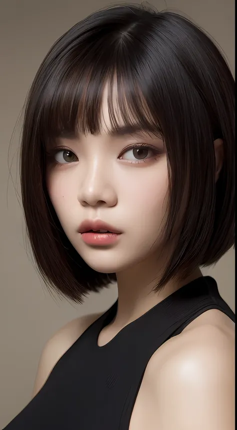 one Filipina model ,Unique bob hair details, virtual cyberpunk fashion, Near future, Curvilinear details , double eyelid, plump lips, simple background inspired by Da Vinci