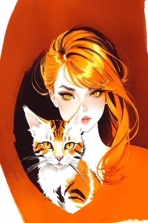 bissett, Illustration, ink watercolor, orange background, , 
1 Beautiful Cat, 、Solo, Simple background, Orange symbol on background, Beautiful yellow hair, Eyelashes, makeup, Traditional Media,  eyeshadows, Eye focus,