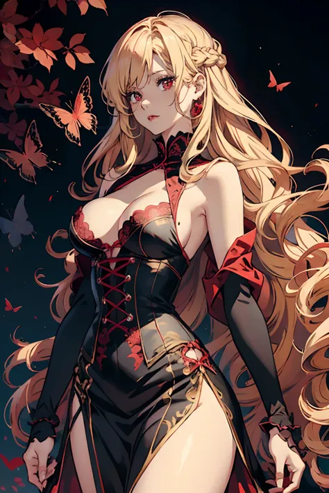 a beautiful woman with absurdly long blonde hair, (red eyes: 1.5), big breast, red lipstick, wearing a rococo dress with a red corset with black lace, a wide red skirt with lots of black lace and ruby ​​inserts,  ong and thin black winter cape with fleece,...