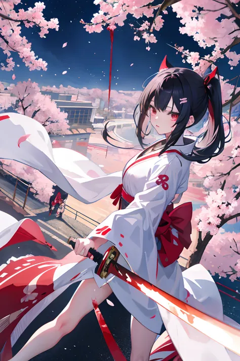 2girls、nightcity、Weapons with blood on them、Great body、Great legs、White kimono black hair with blood on it、Sword、Holding a weapon with blood on it、Cherry blossoms are dancing、poneyTail、Ordinary girl、The actions of two people who fight、Anime girl walking do...