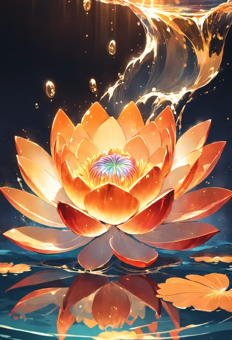 Enlightened mind, Red tones from orange to gold. About the rainbow color lotus flower, And float on transparency, Transparent water, Gold gradient background with light transparency. Golden energy flowed out of the flower core.