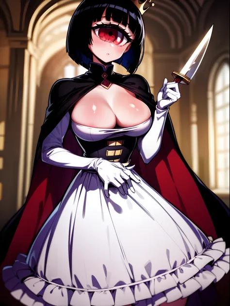 1girl, solo,tangan,cyclops,black hairs,bob cut, red eyes,breasts,areola,dress,crown,cape, castle,indoors, cowboy shot,knife in hand