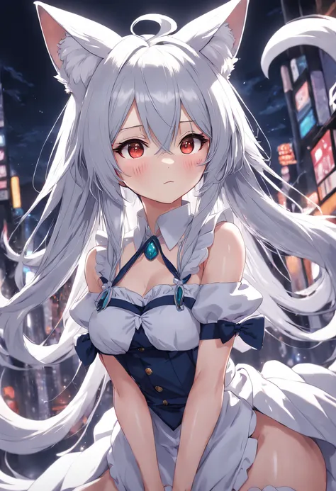 silber hair，The eye size is the same，Has fox ears，Fox Tails two-dimensional maid loli