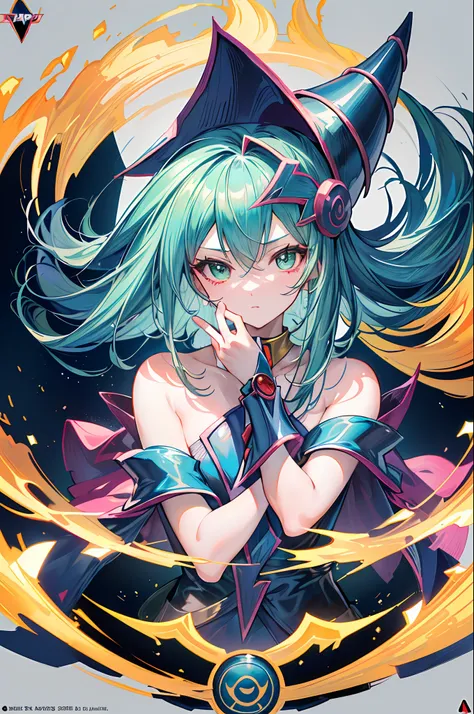 A dark magician girl floating cutely, magical aura, fantasy background, glowing rune, (( a Yu-Gi-Oh card underneath her)), giving a vibe that she was summoned,epic composition, (complex details), (complex design, ultra-details :1.2), Art Station, (Masterpi...