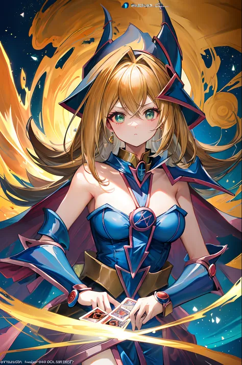 a dark magician girl floating cutely, magical aura, fantasy background, glowing rune, ( a yu-gi-oh card underneath her), giving ...