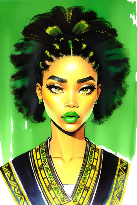 bissett, Illustration, ink watercolor, Green background, , 
Native African Girl, Solo, Simple background, Green symbol on background, Beautiful green lips, Eyelashes, makeup, Traditional Media, lip stick, eyeshadows, Eye focus,（African ethnic hairstyles）、