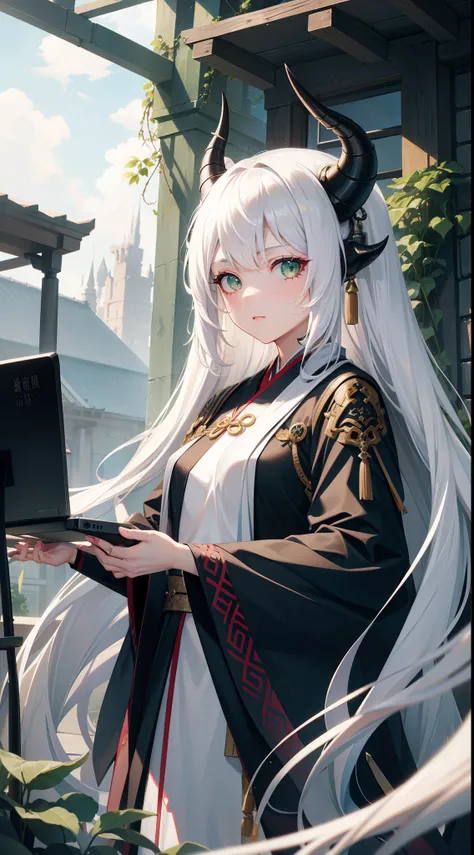 adult girl, Long white hair, Working with a horn, Green eyes, dragon tattoo, A cyborg, Hanfu, Masterpiece, hiquality