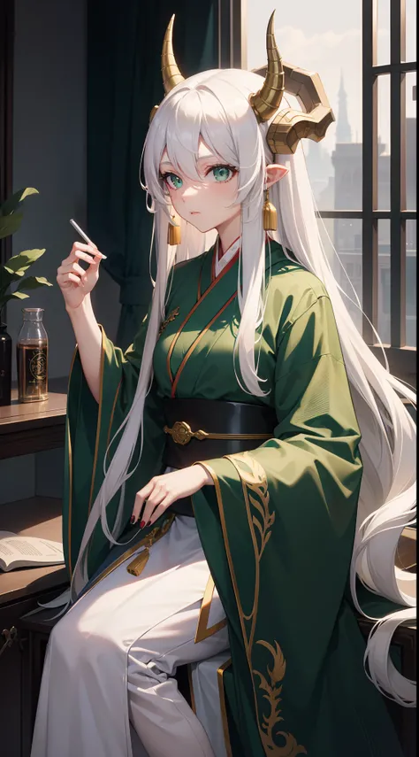 adult girl, Long white hair, Working with a horn, Green eyes, dragon tattoo, A cyborg, Hanfu, Masterpiece, hiquality