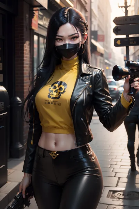 top Quority，tmasterpiece，Red and yellow poster cover，One wears(Gold skull mask detail《The mistake is complicated》），of a woman with long black hair，Wear leather jackets and leather pants，The figure is bumpy，holding sniper rifle