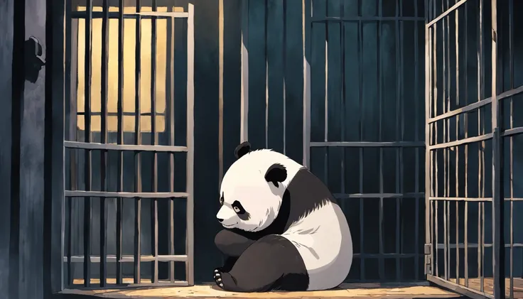 Draw a panda is sitting sadly in his cage. The panda is sitting on the ground, looking out the door of the cage. He has the distinctive black and white coat of a panda, with sad eyes looking down. The painting should use muted, dark colors to express the p...