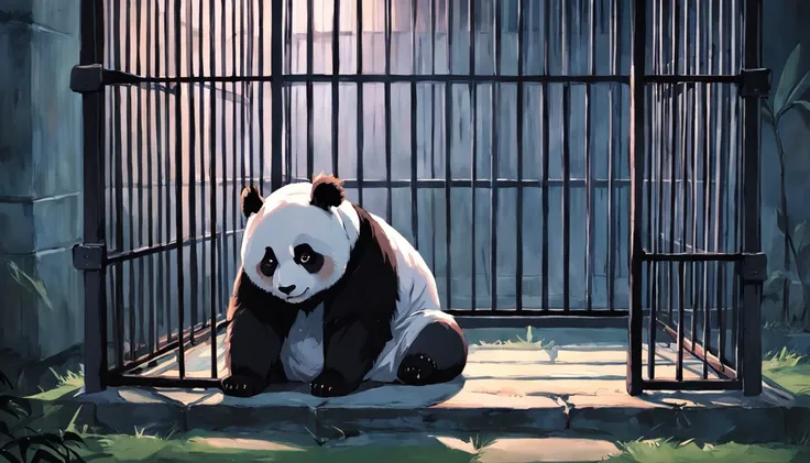 Draw a panda is sitting sadly in his cage. The panda is sitting on the ground, looking out the door of the cage. He has the distinctive black and white coat of a panda, with sad eyes looking down. The painting should use muted, dark colors to express the p...