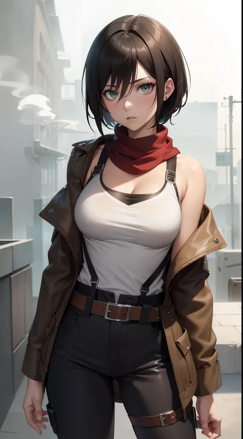 aot style, shingeki no kyojin,

mikasa ackerman,cleavage，Off-the-shoulder attire

1girl, arm strap, bangs, black hair, black pants, breasts, cowboy shot, embers, green eyes, grey background, hair between eyes, harness, long sleeves, looking at viewer, medi...