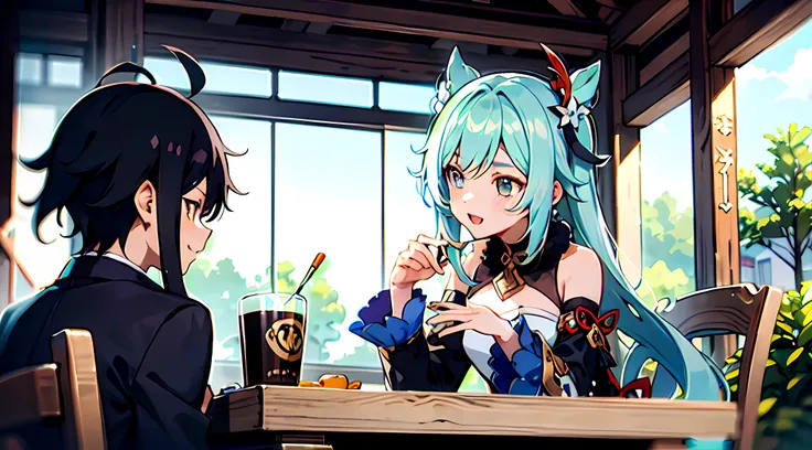 Anime characters sitting at tables, style of anime4 K, the original god, trending on artstation pixiv, Official artwork, Kawasi, anime moe art style, at pixiv, WLOP and Sakimichan, Pisif, Digital anime illustration, Pisif style, high detailed official artw...