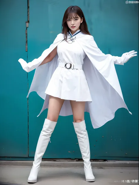 nature guardian typhoon woman wearing typhoon symbol uniform，white cloak, long white gloves on his hands, wear white knee-length...