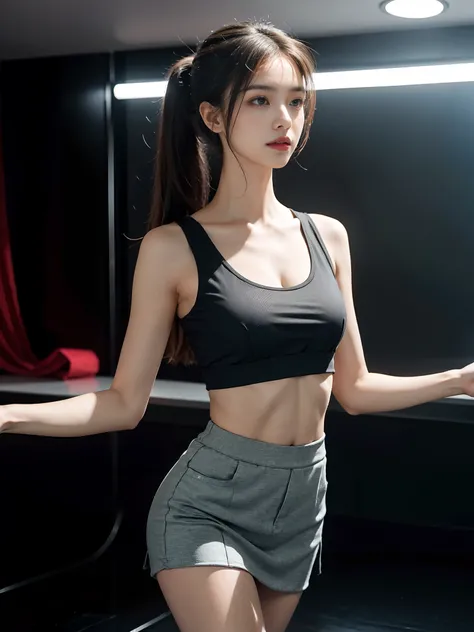 ((Tomboyish,small heads)), (Well-defined abs: 1.1), (perfect bodies: 1.1), (Long straight hair: 1.2), Black hair, pony tails，upper body photos, attractive collarbone，nabel，（极其细致的CG 8k壁纸），（Extremely refined and beautiful），（tmasterpiece），（best qualtiy：1.0），（...