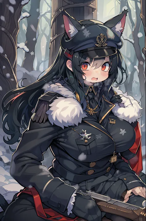 snowy forest, Black hair, Cat ears, Cat Girl, Red Eyes, Kneeling, Nazi officer uniform, Nazi, Germany, Black Officer Uniform,huge-breasted、Holding a musket