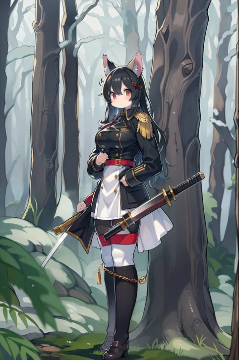 snowy forest, Black hair, Cat ears, Cat Girl, Red Eyes, Kneeling, Nazi officer uniform, Nazi, Germany, Black Officer Uniform,huge-breasted、Holding a musket