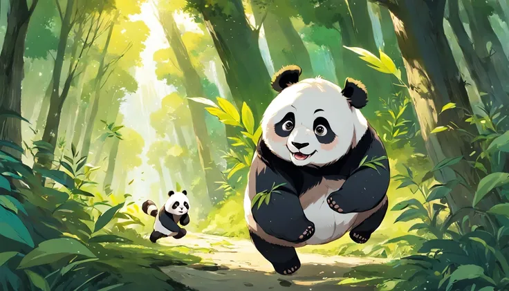 Draw the panda dreaming of running and jumping in a lush forest. The panda is running and jumping among the lush trees, breathing in the fresh air. He is eating the types of leaves he likes, and meeting other animals like squirrels, rabbits, and so on. The...