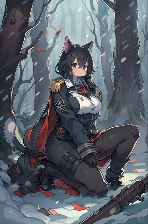 snowy forest, Black hair, Cat ears, Cat Girl, Red Eyes, Kneeling, Nazi officer uniform, Nazi, Germany, Black Officer Uniform,huge-breasted、Holding a musket