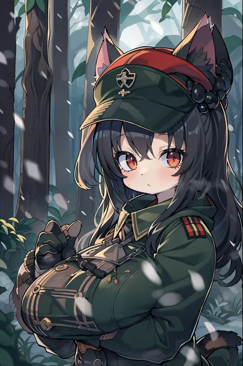 snowy forest, Black hair, Cat ears, Cat Girl, Red Eyes, Kneeling, Nazi officer uniform, Nazi, Germany, Black Officer Uniform,huge-breasted、Holding a musket