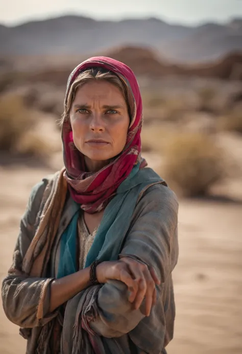 A Scandinavian woman is wearing blue scarf in thedesert, detailed facial features, firminbaes, war photography, intense gaze,portrait photography, backgroundblur,captured by Sony Alpha a7 Illcamera with Sony FE 24-105mm f/4 G OSS lens*