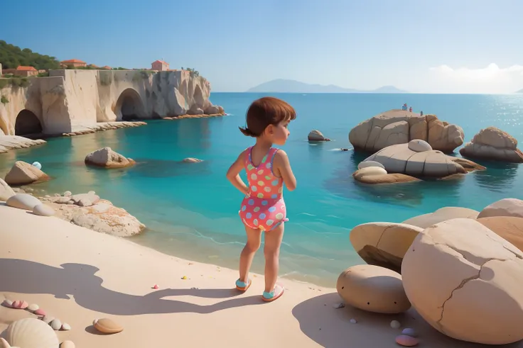 Date: 2009
Country: Croatia
Description: A child in a retro swimsuit explores a rocky coastline, collecting unique seashells and colorful pebbles in a quirky vintage beach pail.