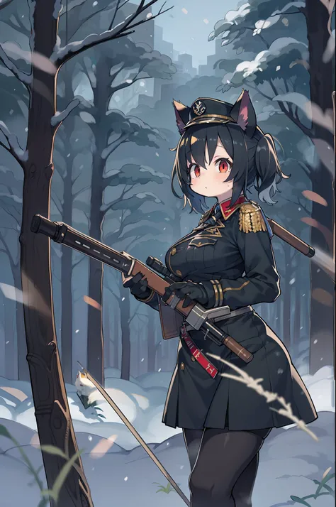 snowy forest, Black hair, Cat ears, Cat Girl, Red Eyes, Kneeling, Nazi officer uniform, Nazi, Germany, Black Officer Uniform,huge-breasted、Hold up a musket、From below